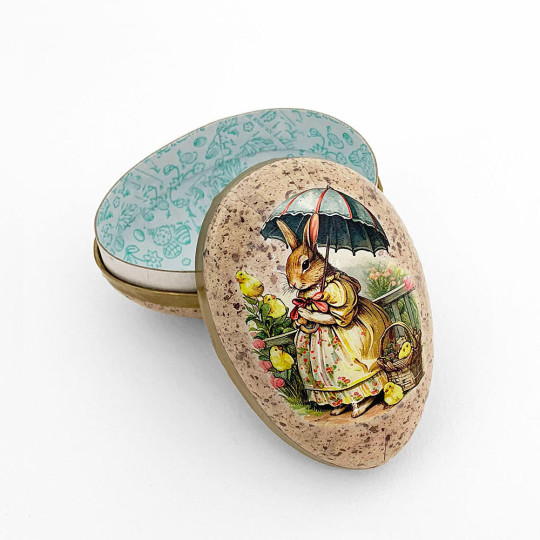 3-1/2" Bunny with Umbrella Speckled Egg Paper Mache Easter Egg Box ~ Germany
